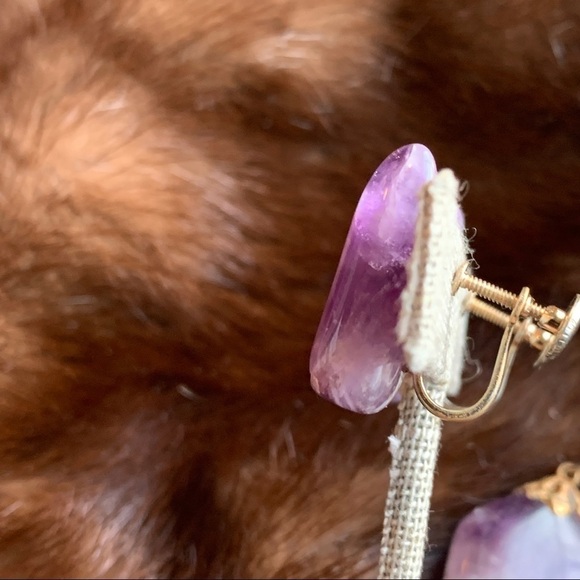 Vintage | Purple Natural Stone Gold Tone Screwback Earrings & Pendant (no chain) - Picture 6 of 16